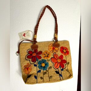 BRIGHTON Madagascar Blossom Embroidered Raffia Straw Tote
